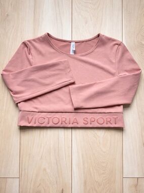 Victoria Sport Pink Cropped Long Sleeve Top Logo Athleisure Size Small